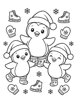Free printable Holiday Penguins In Santa Hats coloring page