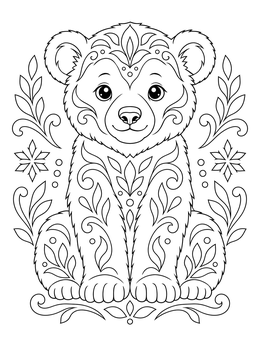 An ornate polar bear cub features in this christmas doodle coloring page with floral accents.