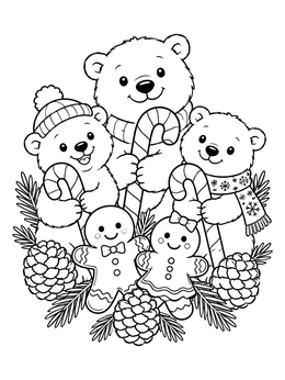 A festive christmas doodle coloring page with polar bears holding candy canes alongside gingerbread figures.