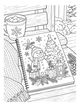 A cozy sketchbook displaying a christmas doodle coloring page beside hot cocoa on a bench.