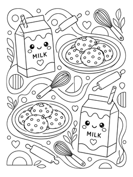Cute milk cartons and plates of cookies fill this cheerful christmas doodle coloring page.