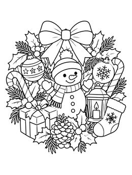 A cheerful christmas doodle coloring page featuring a snowman inside a holiday wreath with presents and ornaments.