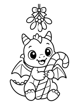 A cheerful baby dragon sits under mistletoe in this christmas dragon coloring page.