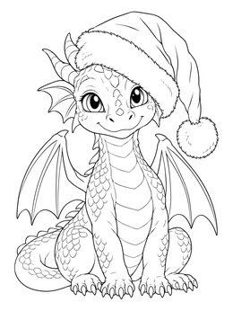 A cute christmas dragon coloring page featuring a baby dragon wearing a festive Santa hat.