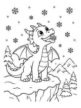 Free printable Cute Dragon Catching Winter Snowflakes coloring page