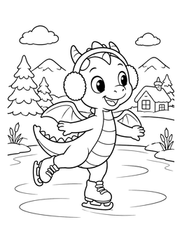 A happy baby christmas dragon coloring page shows it ice skating on a frozen pond in earmuffs.