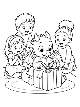 Free printable Cute Dragon Opening A Gift coloring page