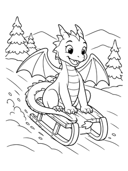 A cheerful baby christmas dragon coloring page sledding on snow.