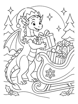 A cheerful christmas dragon coloring page featuring a small dragon in an elf hat loading gifts into a sleigh.
