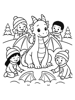 A friendly christmas dragon coloring page with kids making wing prints in the snow.