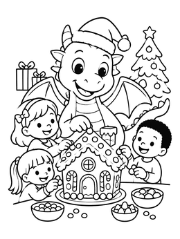 Children and a friendly beast decorate sweets in this christmas dragon coloring page.