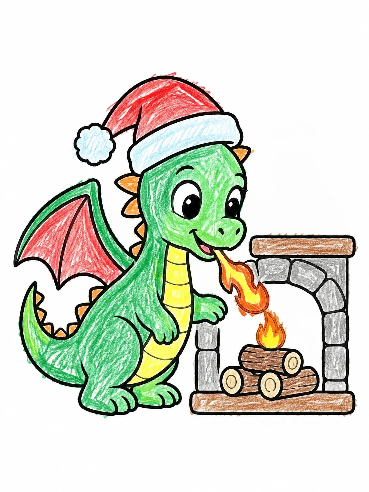 Colored example of the Little Christmas Dragon By The Fireplace coloring page