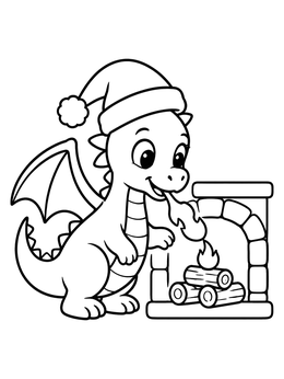 Free printable Little Christmas Dragon By The Fireplace coloring page