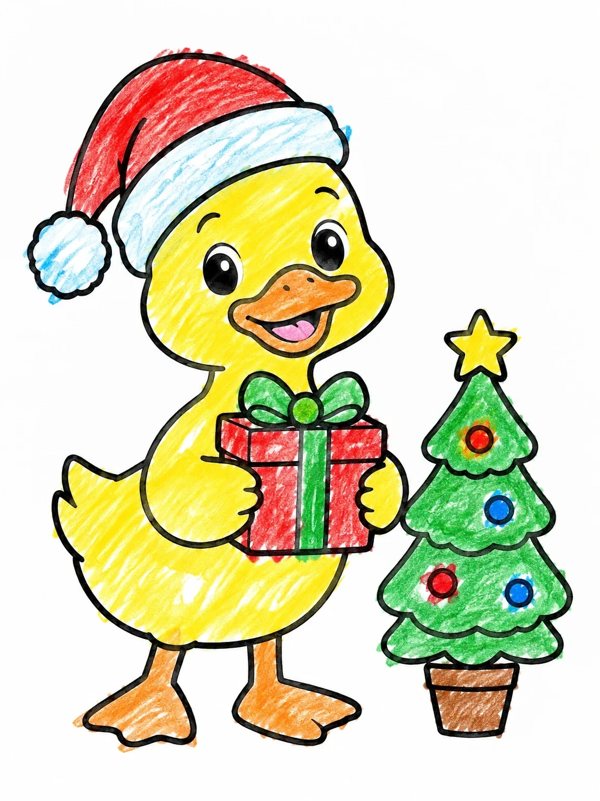 Colored example of the Cute Christmas Duckling With Gift coloring page