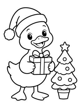 A cheerful duck coloring page showing a duckling in a Santa hat holding a gift beside a tree.