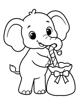 A cheerful baby in this christmas elephant coloring page holding a candy cane from a gift bag.