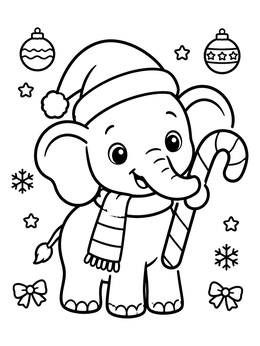Free printable Cute Christmas Elephant With Candy Cane coloring page