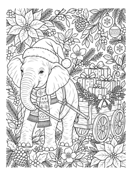 A detailed christmas elephant coloring page showing an elephant in a Santa hat pulling a cart of gifts.
