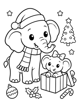 Free printable Festive Elephants With Holiday Gift coloring page