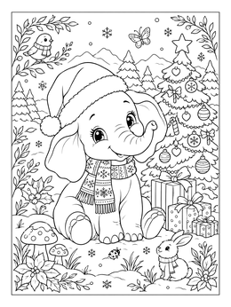 Free printable Cute Elephant Celebrating Christmas In Snow coloring page
