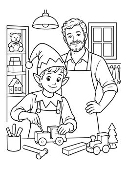 A cheerful elf and carpenter work together on toys in this christmas doodle coloring page.