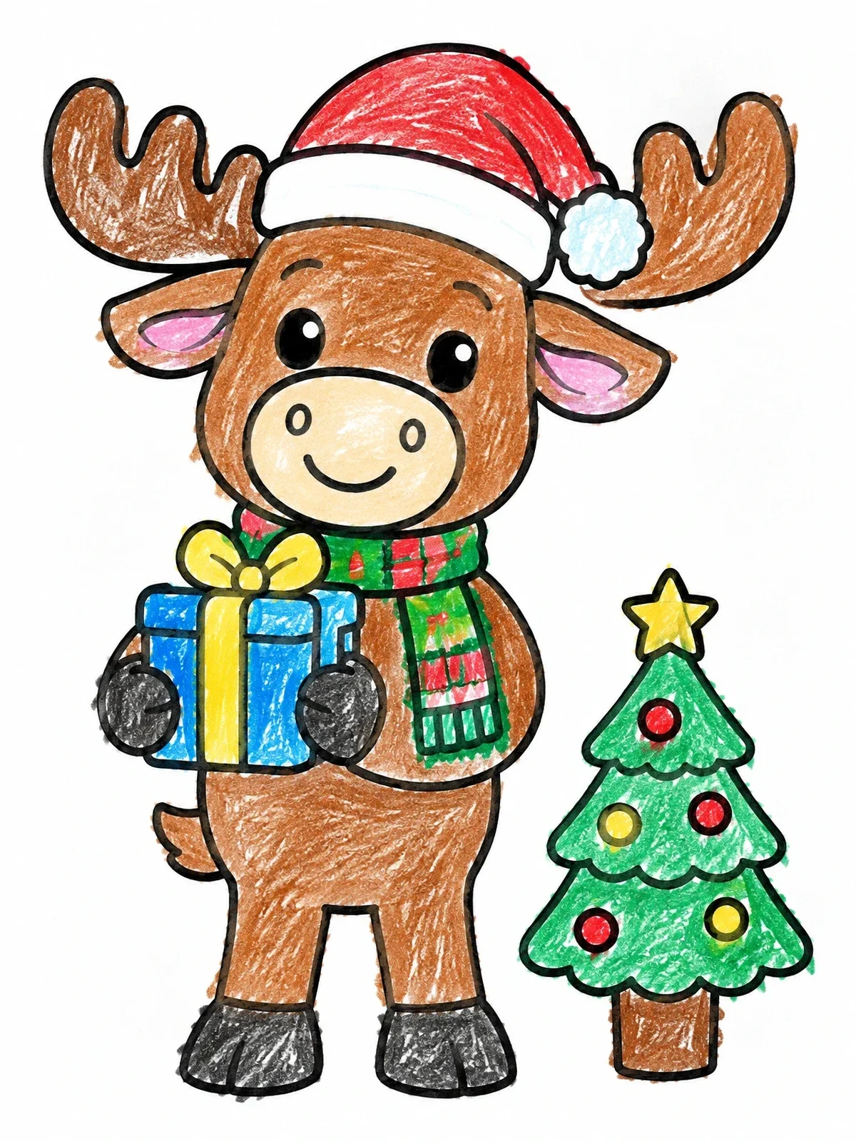 Colored example of the Cute Christmas Elk With Gift coloring page