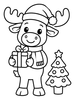 Free printable Cute Christmas Elk With Gift coloring page