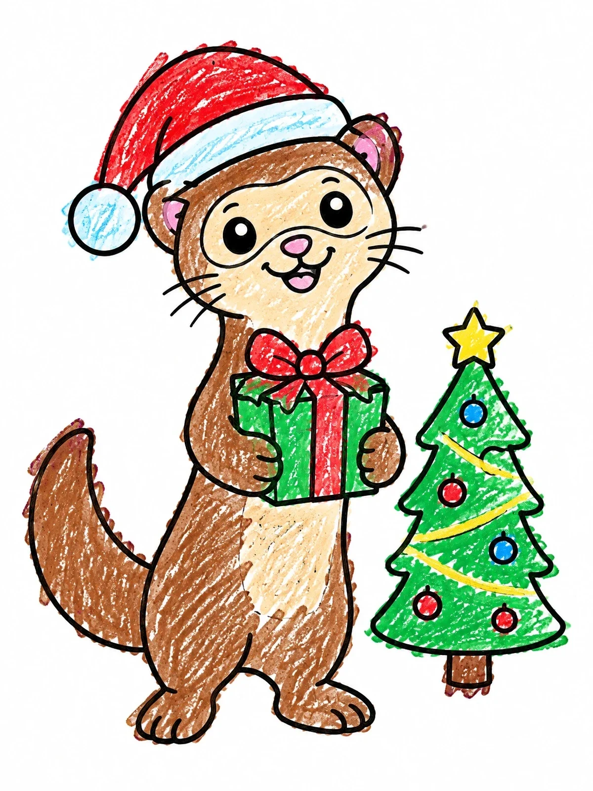 Colored example of the Christmas Ferret With Gift coloring page