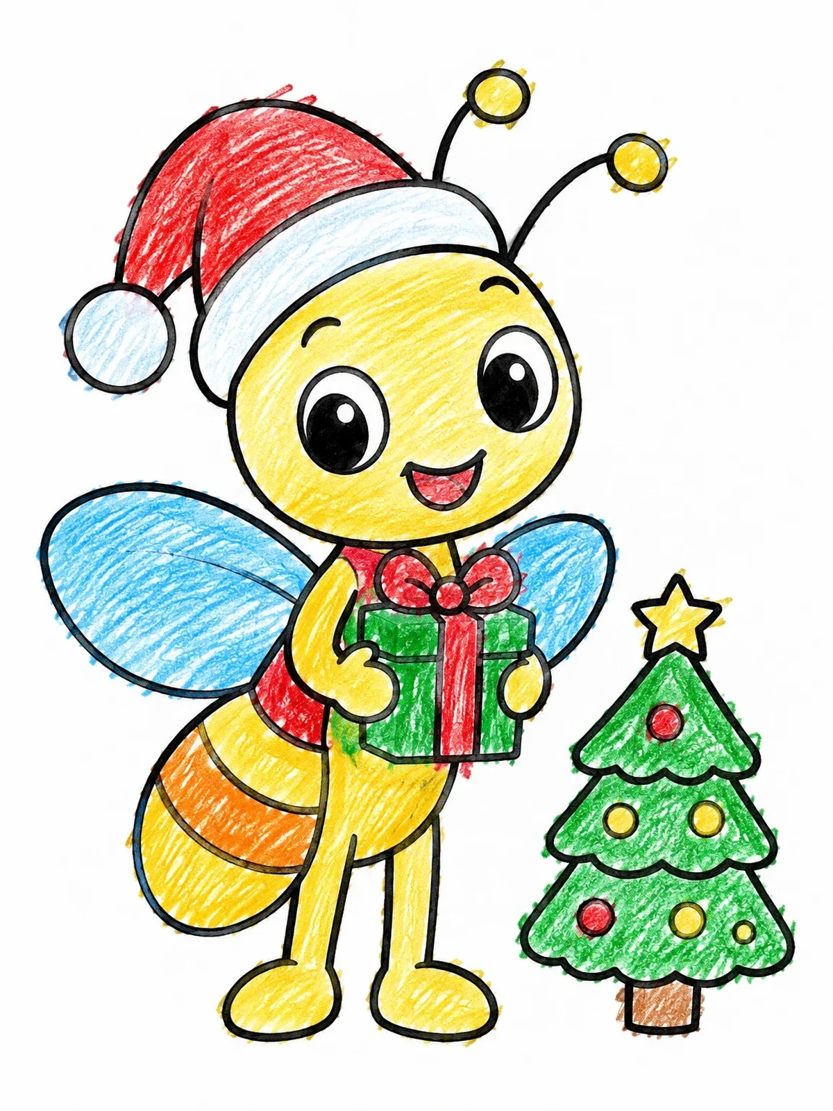 Colored example of the Cute Christmas Firefly With Gift coloring page