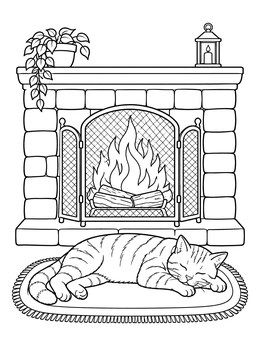 A peaceful cat resting on a rug in this cozy christmas fireplace coloring page.