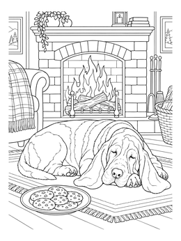 A cozy basset hound sleeps peacefully in this christmas fireplace coloring page with cookies nearby.