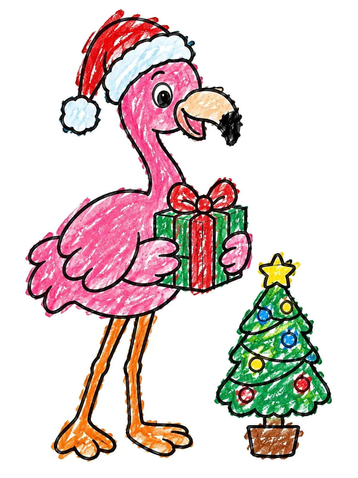 Colored example of the Christmas Flamingo With Gift And Tree coloring page