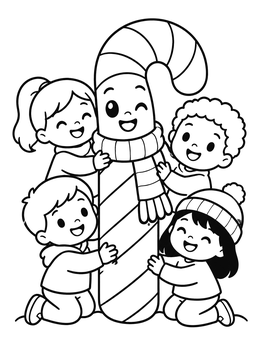 Free printable Happy Kids Hugging A Giant Candy Cane coloring page