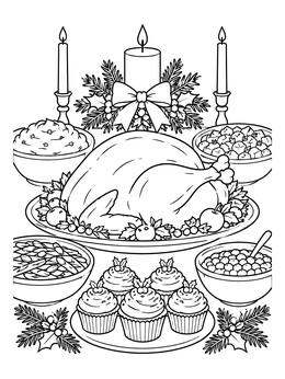 Free printable Festive Roast Turkey Dinner Table coloring page