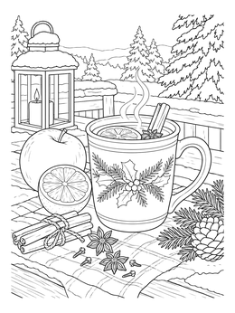 Steaming mug with cinnamon sticks on a winter porch christmas food coloring page