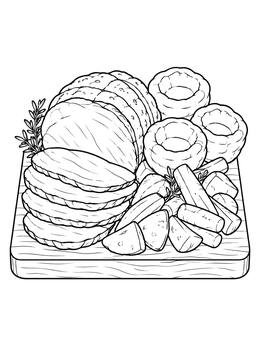 Savory roast beef slices and sides on a cutting board in this christmas food coloring page.