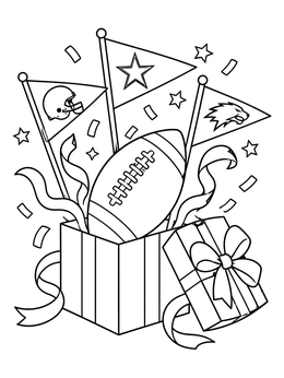 A festive christmas football coloring page with an open gift box, pennants, and confetti.