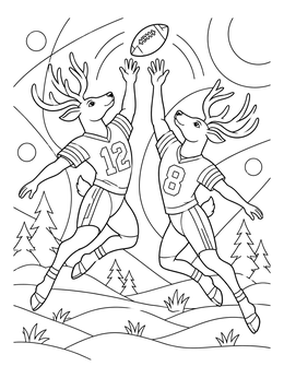 Two reindeer jump to catch a ball in this christmas football coloring page.