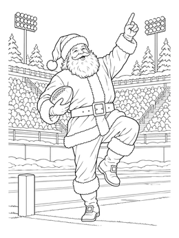 A joyful christmas football coloring page showing Santa Claus celebrating an end zone score.
