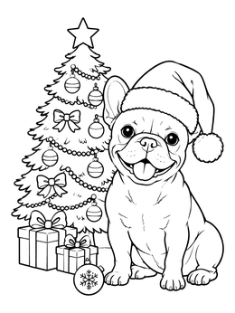 A cheerful french bulldog coloring page featuring a pup in a Santa hat by a decorated tree.