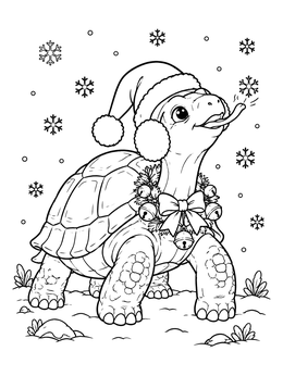 A cute christmas turtle coloring page with a tortoise catching snowflakes in a Santa hat.
