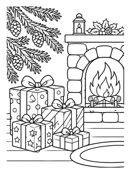 Free printable Christmas Gifts By The Stone Fireplace coloring page