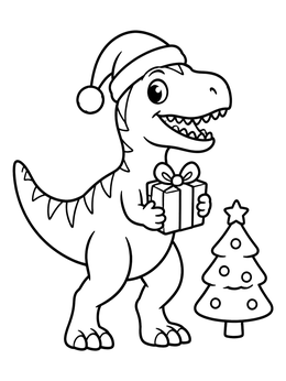 A cheerful gigantosaurus coloring page with a Santa hat, present, and small tree.