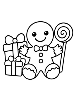 Free printable Gingerbread Man With Gifts And Lollipop coloring page