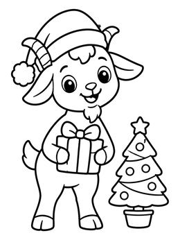 A festive goat coloring page featuring a cute goat holding a gift next to a small tree.