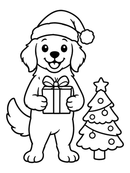 A festive golden retriever coloring page showing a pup holding a Christmas gift.