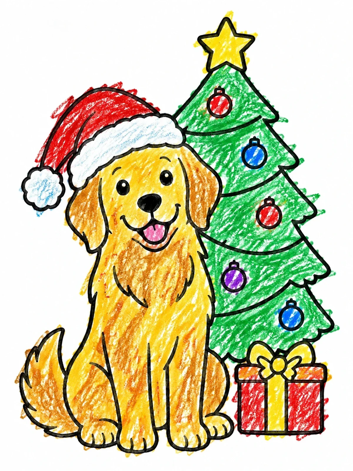 Colored example of the Christmas Golden Retriever Puppy coloring page