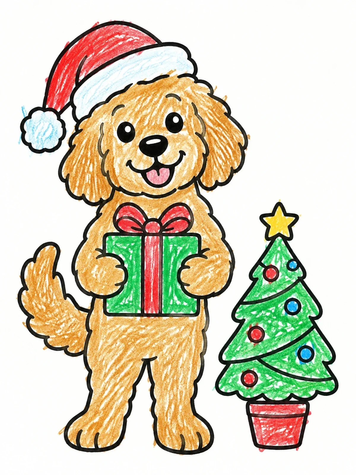 Colored example of the Christmas Goldendoodle With Gift coloring page