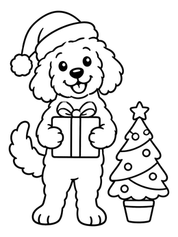 Free printable Christmas Goldendoodle With Gift coloring page