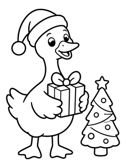 A cheerful goose coloring page featuring a goose wearing a Santa hat beside a tree.